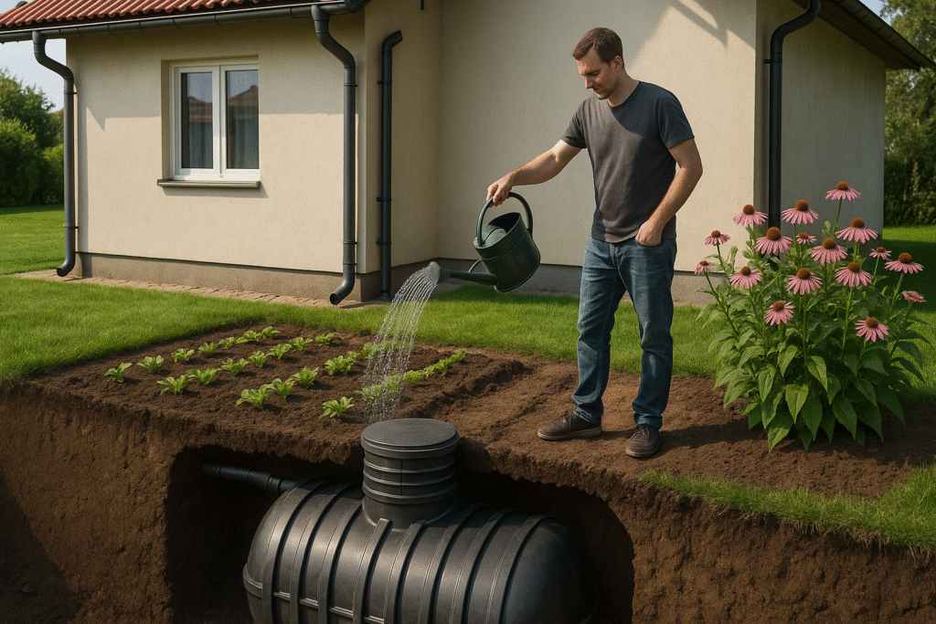 Przekrój montażu podziemnego zbiornika na deszczówkę w Tychach – prace Profihouse