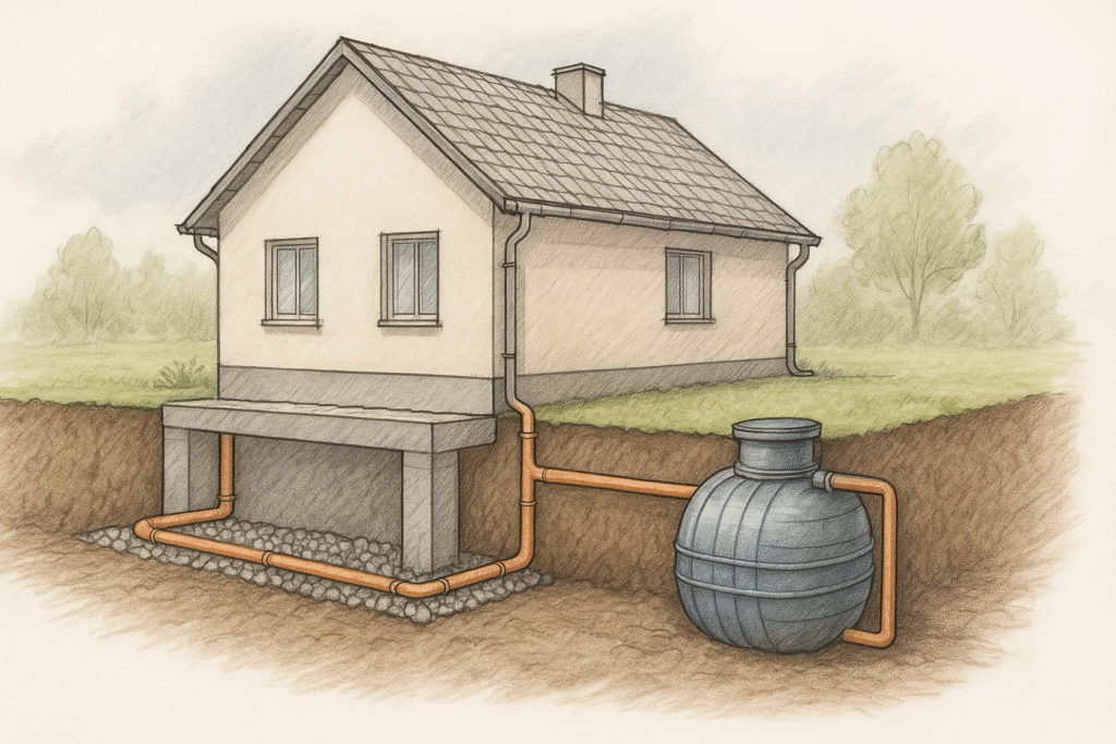 Schemat systemu odwodnienia i drenażu wokół domu jednorodzinnego