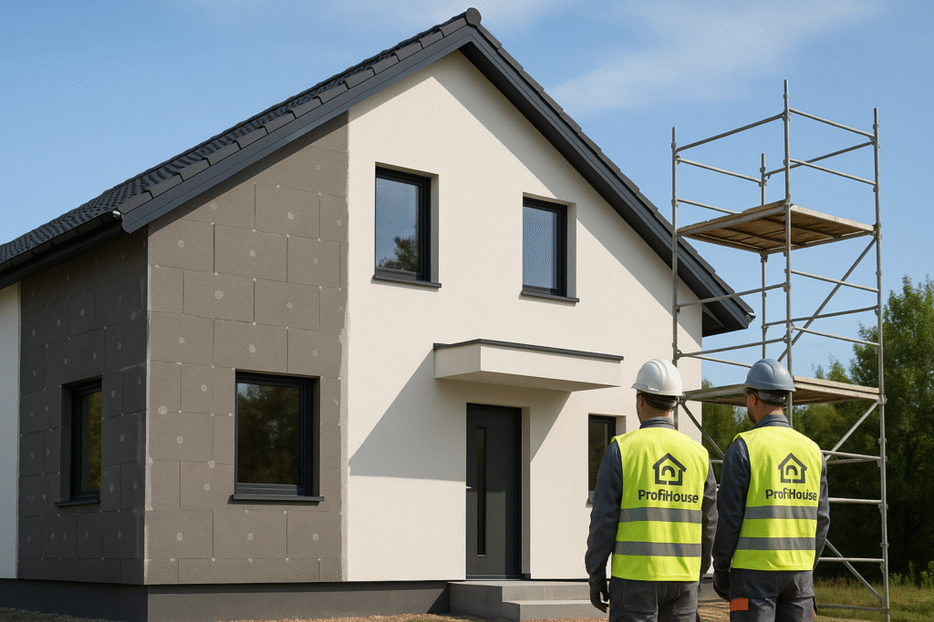 Ekipa ProfiHouse montująca styropian na elewacji domu w Tychach